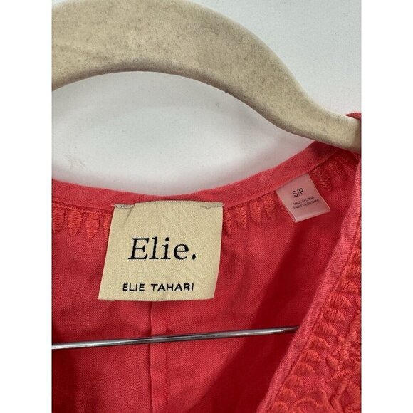 Elie Tahari Blouse Women Small Coral 100% Linen Embroidered Minimalist Coastal - Picture 3 of 9